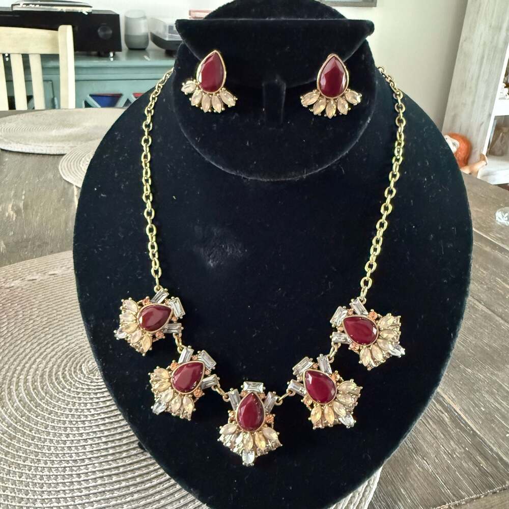 Chloe + Isabel Gold-Tone Red Teardrop Crystal Cluster Necklace and Earrings Set
